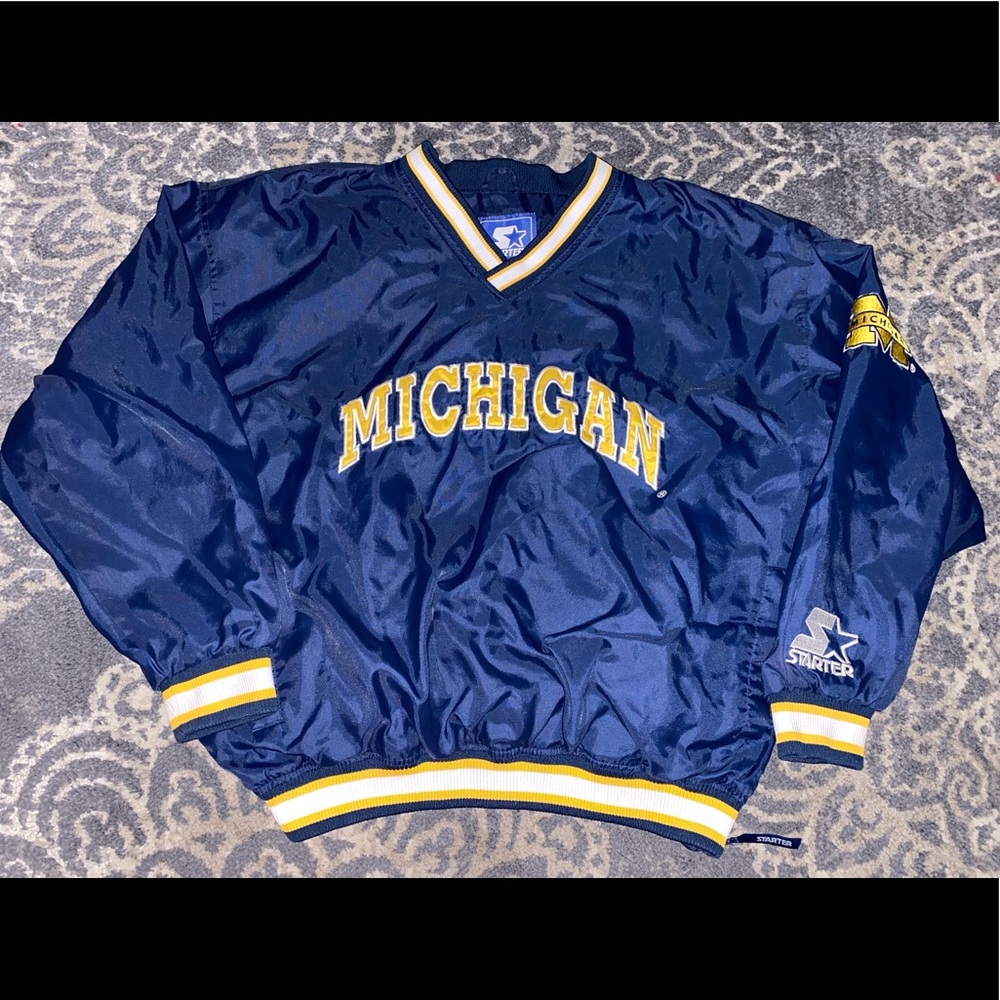 STARTER Michigan Navy and Yellow V‑Neck Crewneck Pullover